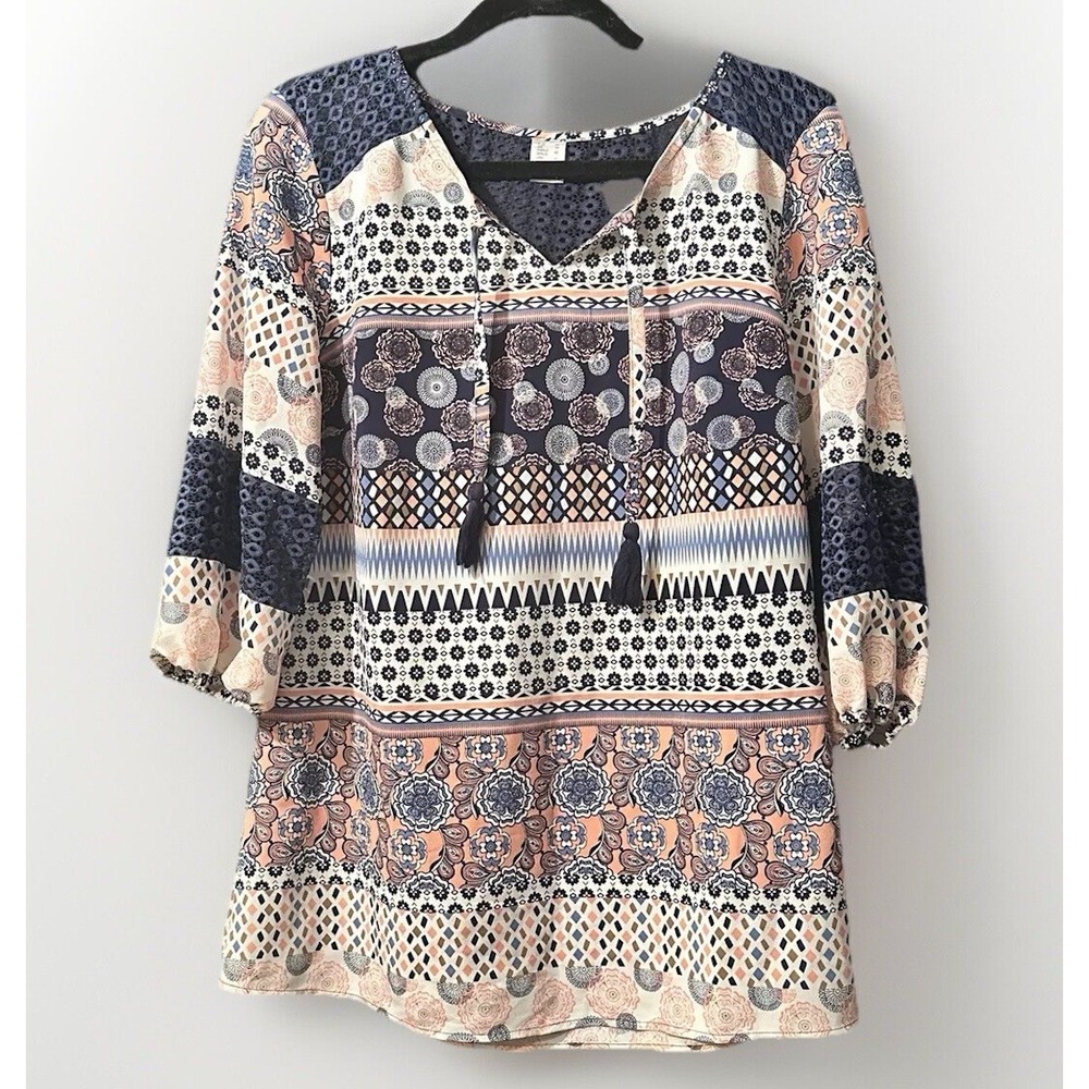 Women's Med Boho Blouse Unbranded 3/4 Sleeve Multicolor V-Neck Tunic Tassel